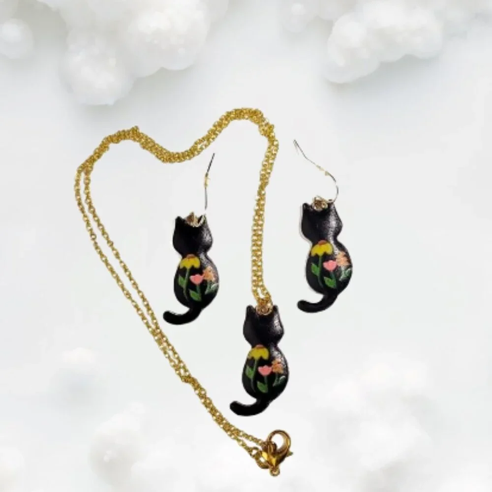 Flower Painted Enamel Kitty Cat Back Necklace & Earrings Set NWT - Picture 7 of 8